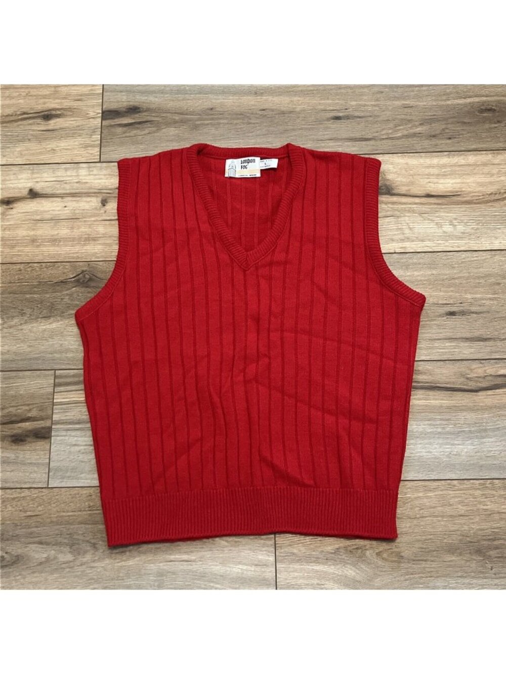 VTG London Fog V-Neck Knit Sweater Vest SZ LARGE Red USA Made Classic Grandpa